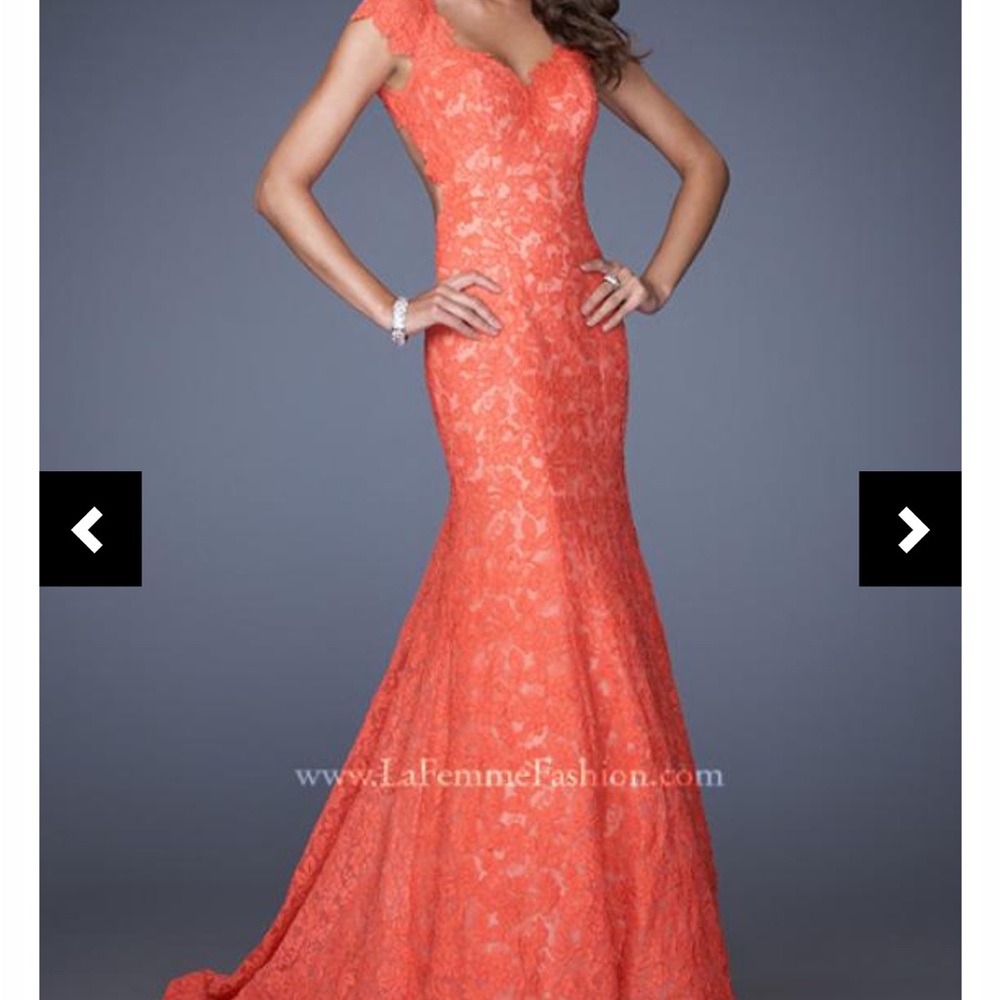 La Femme Coral Lace Prom Dress